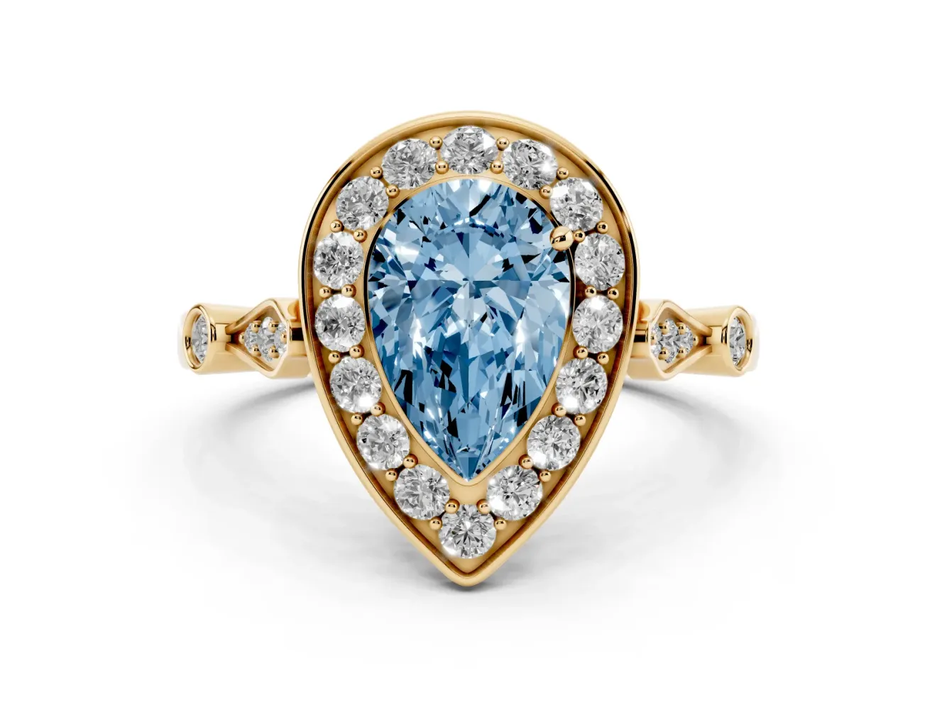 Fancy Blue Pear Cut Diamond Halo Engagement Ring Set in Yellow gold with Twisted Band and Prong Setting