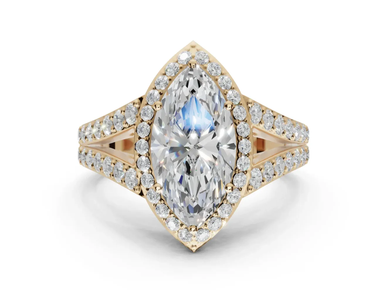 Marquise Halo Pavé Engagement Ring Setting | Narrow Split Shank | Yellow Gold