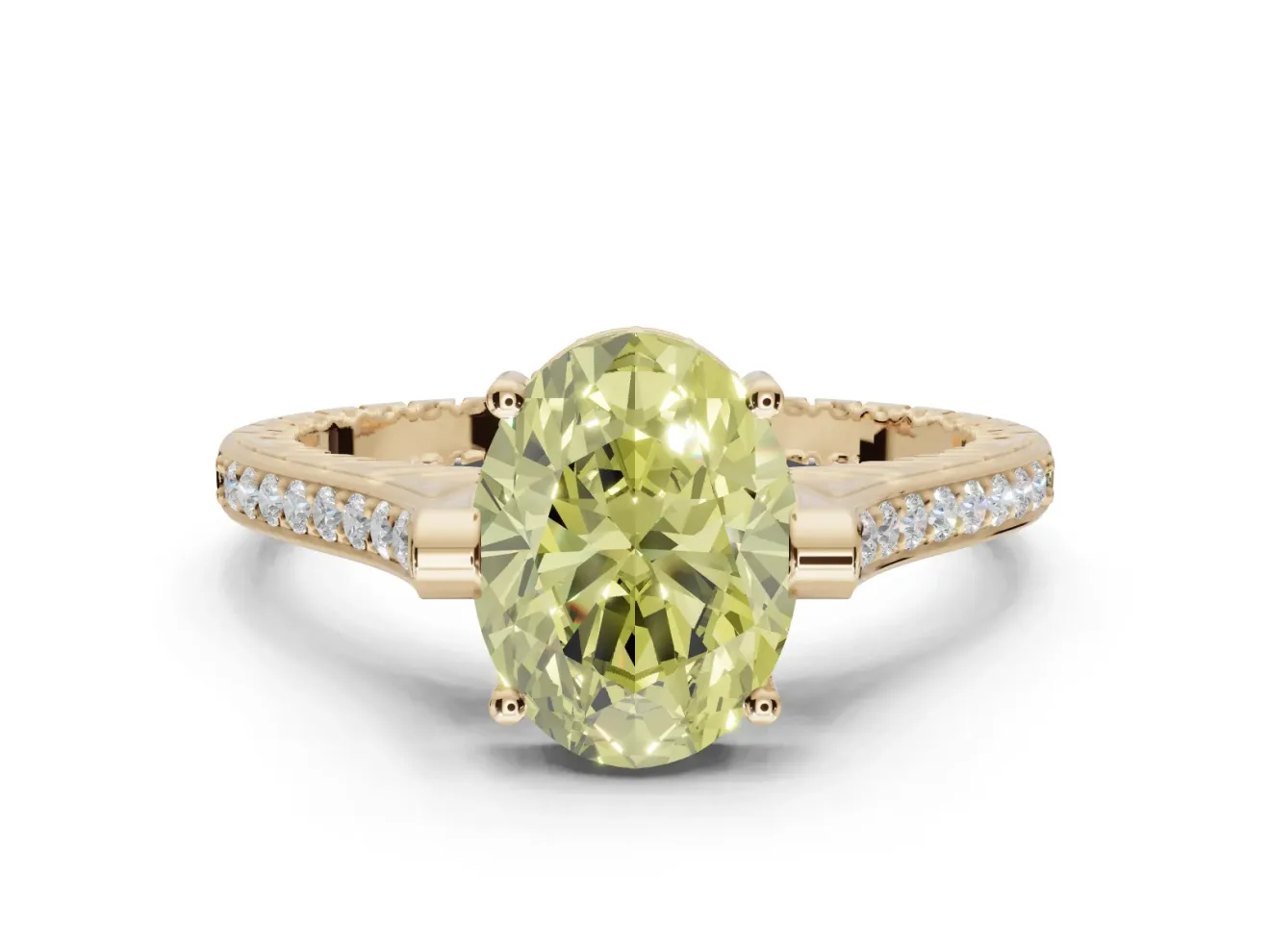 Oval Vintage Cathedral Engagement Ring Setting for a Fancy Yellow Lab-Grown Diamond | Carved Band | Yellow Gold