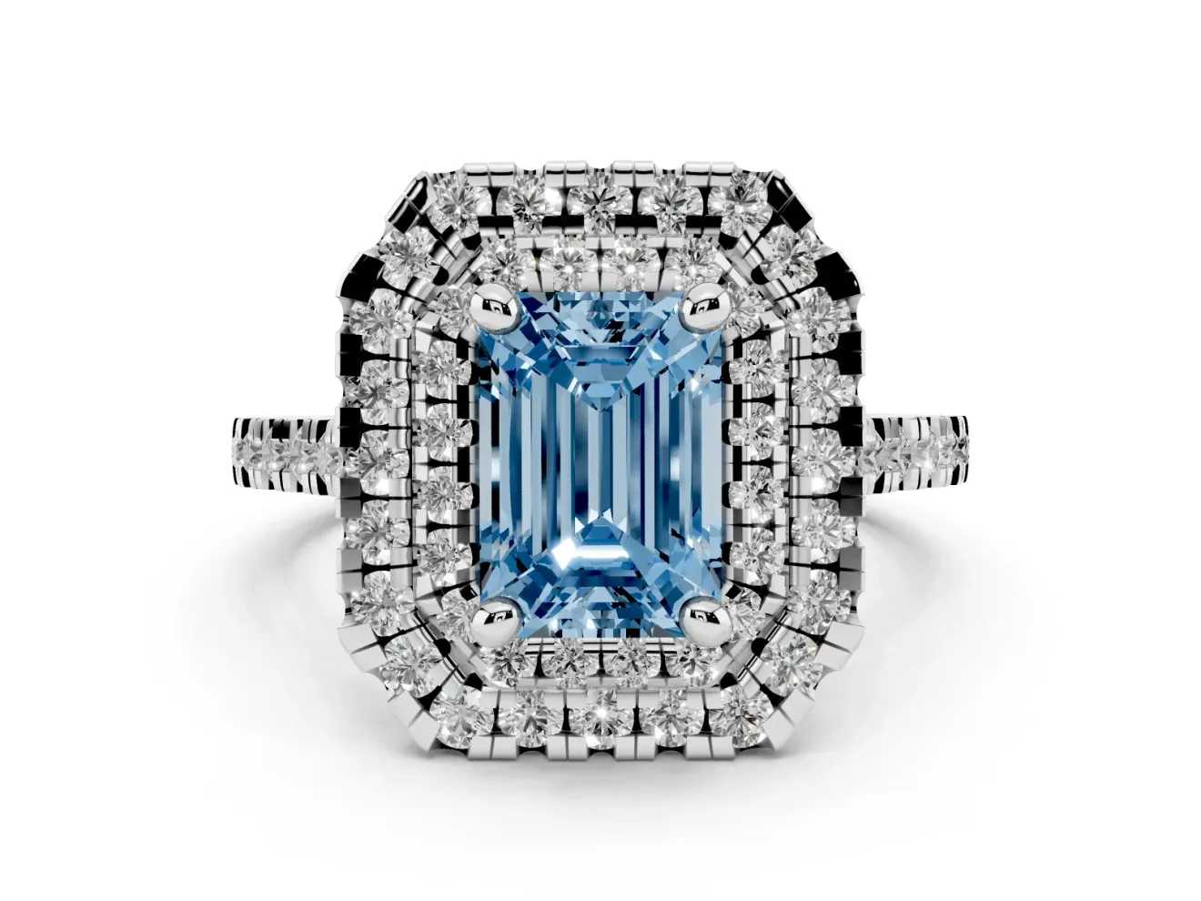 Fancy Blue Emerald Cut Diamond Double Halo Statement Ring Set in White gold with Pavé Band