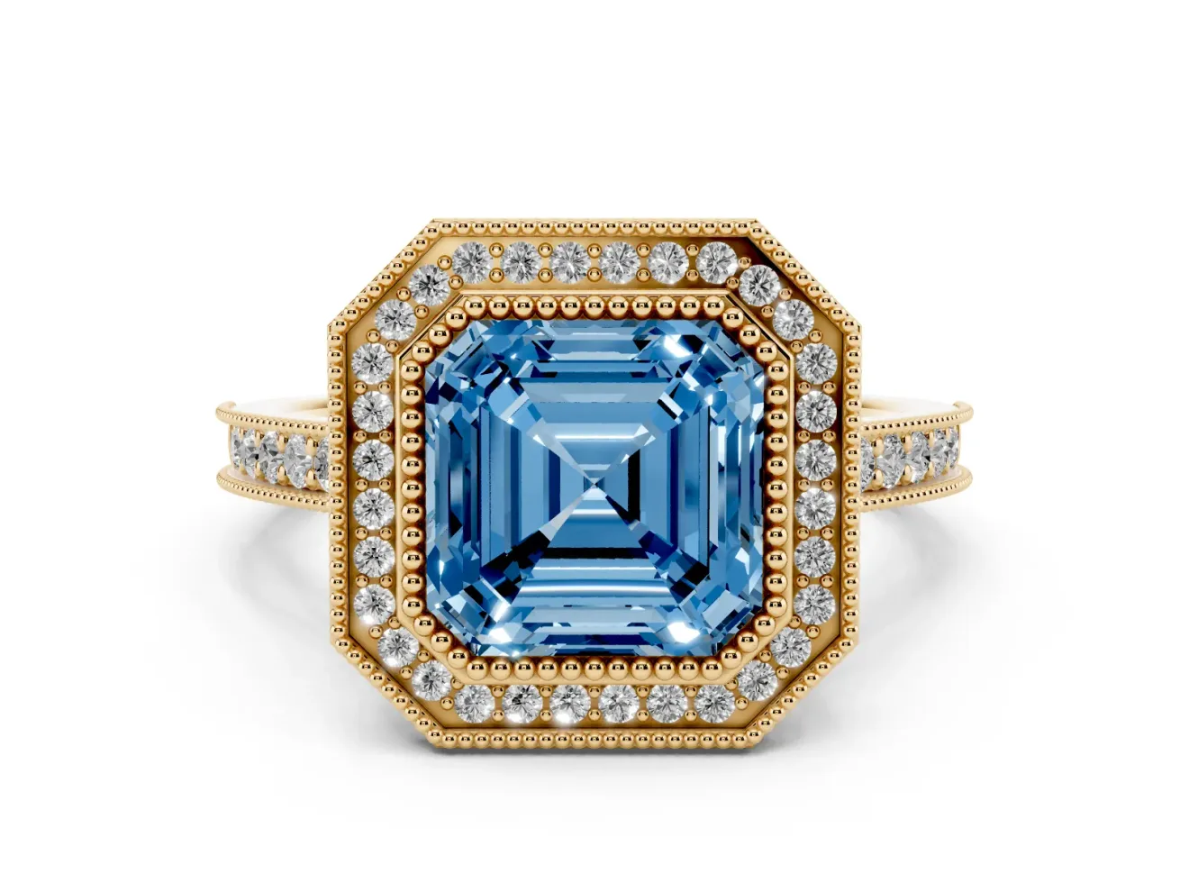 Asscher Cut Vintage Milgrain Halo Engagement Ring Setting for a Fancy Blue Lab-Grown Diamond | Bezel Head | Yellow Gold