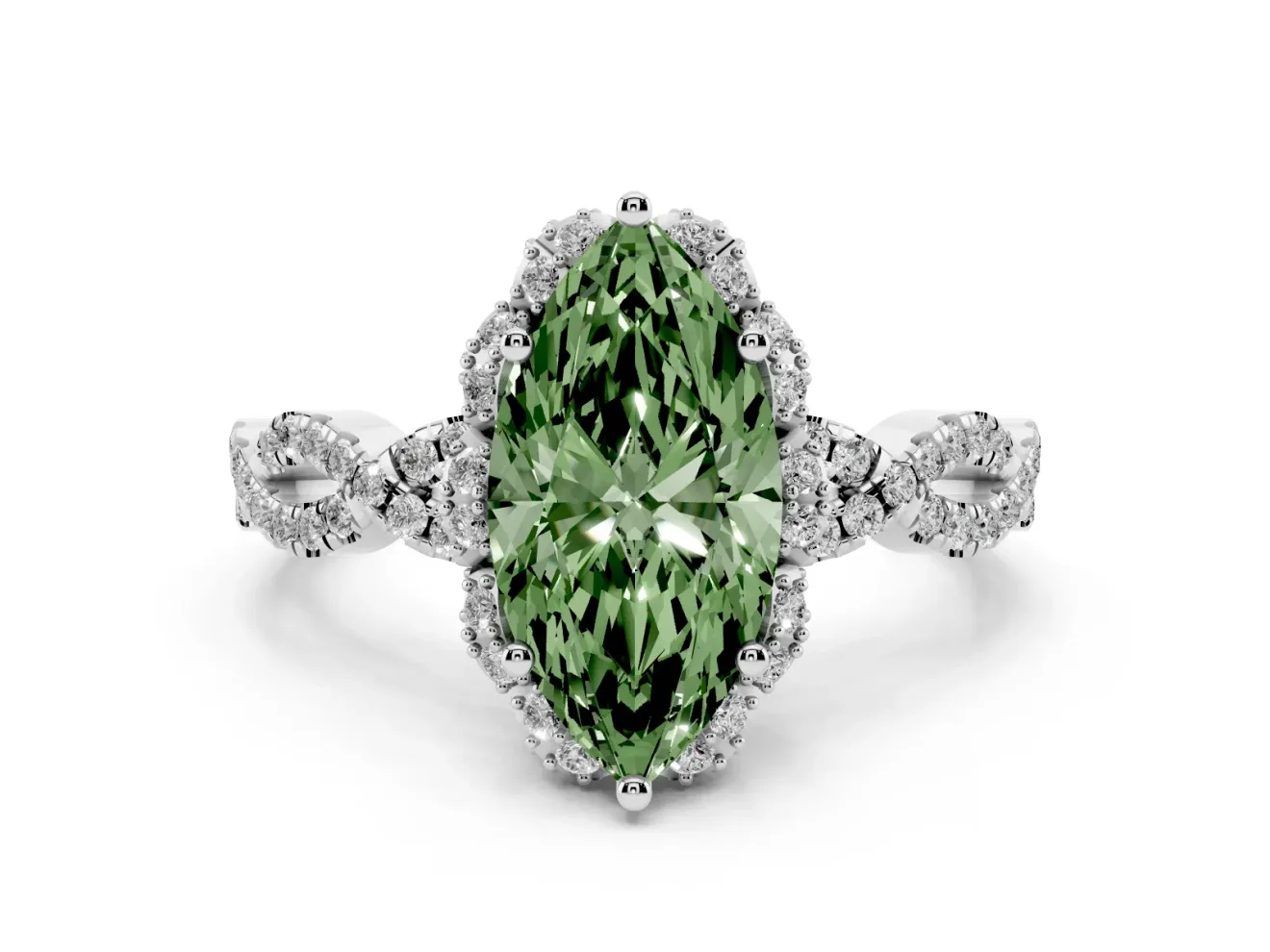 Marquise Milgrain Halo Engagement Ring Setting for a Fancy Green Lab-Grown Diamond | Graduated Shoulders | White Gold