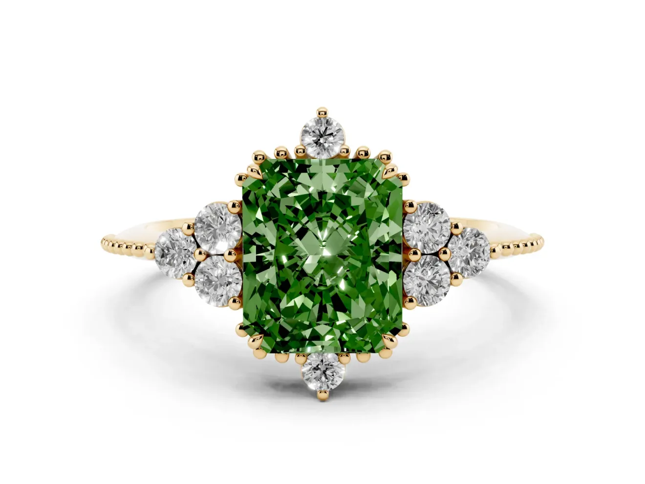Radiant Cut Cluster Engagement Ring Setting for a Fancy Green Lab-Grown Diamond | Yellow Gold