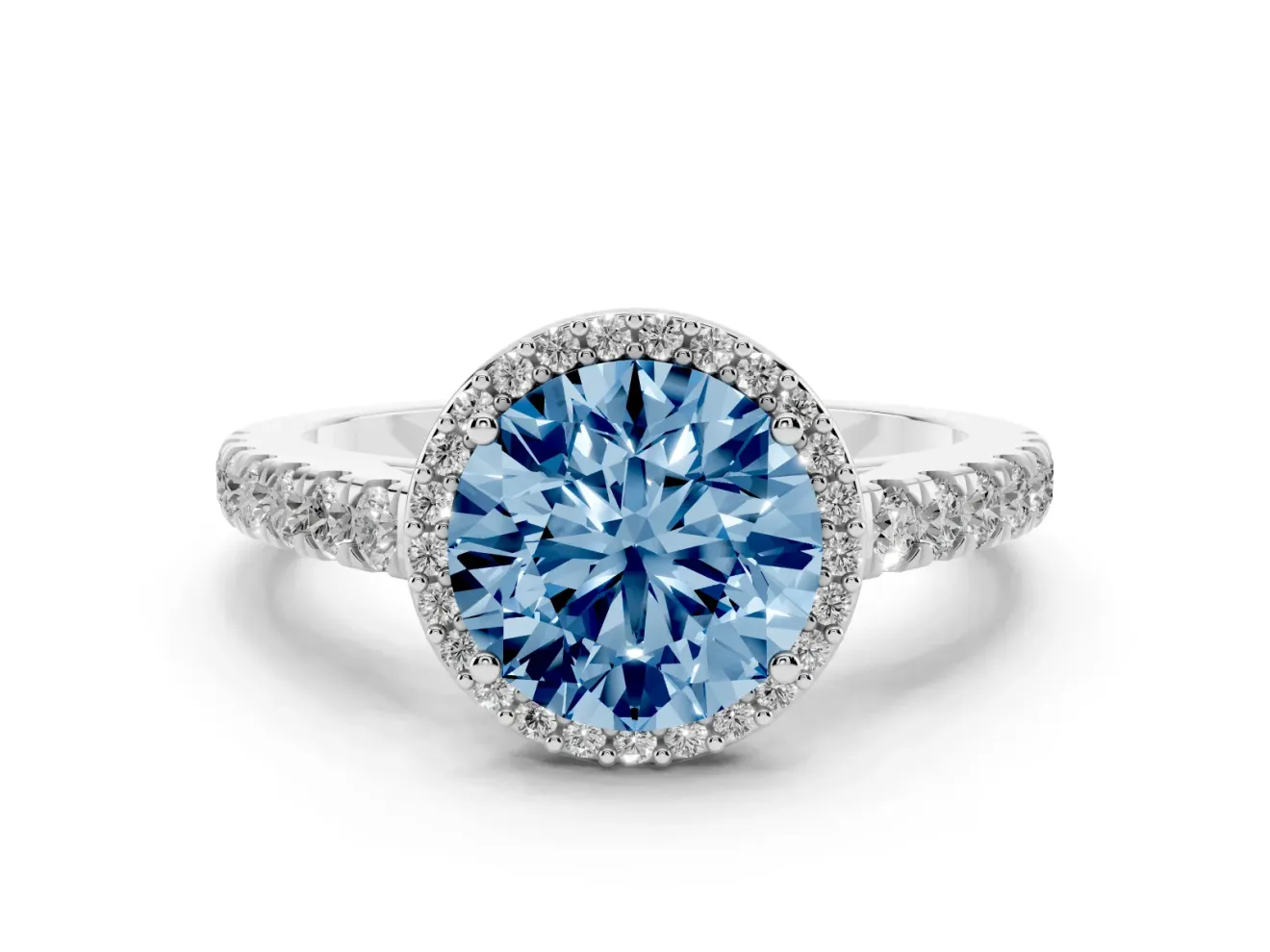 Fancy Blue Round Cut Diamond Halo Engagement Ring Set in Silver with Pavé Band and Prong Setting