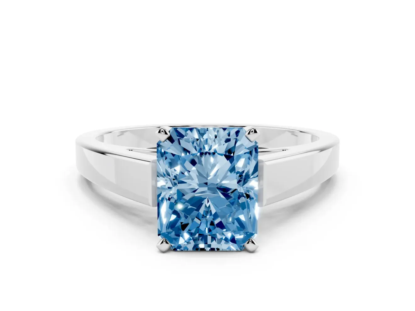 Fancy Blue Radiant Cut Diamond Solitaire Engagement Ring Set in Silver with Prong Setting and Tapered Band