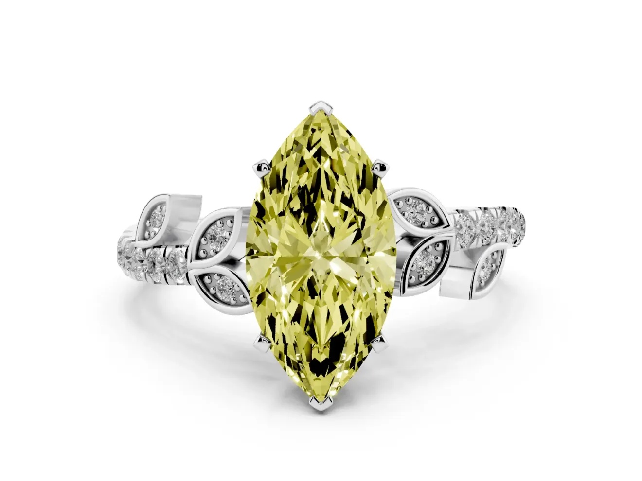 Fancy Yellow Marquise Cut Diamond Solitaire Leaf-Inspired Ring Set in White gold with Pavé Band and Prong Setting