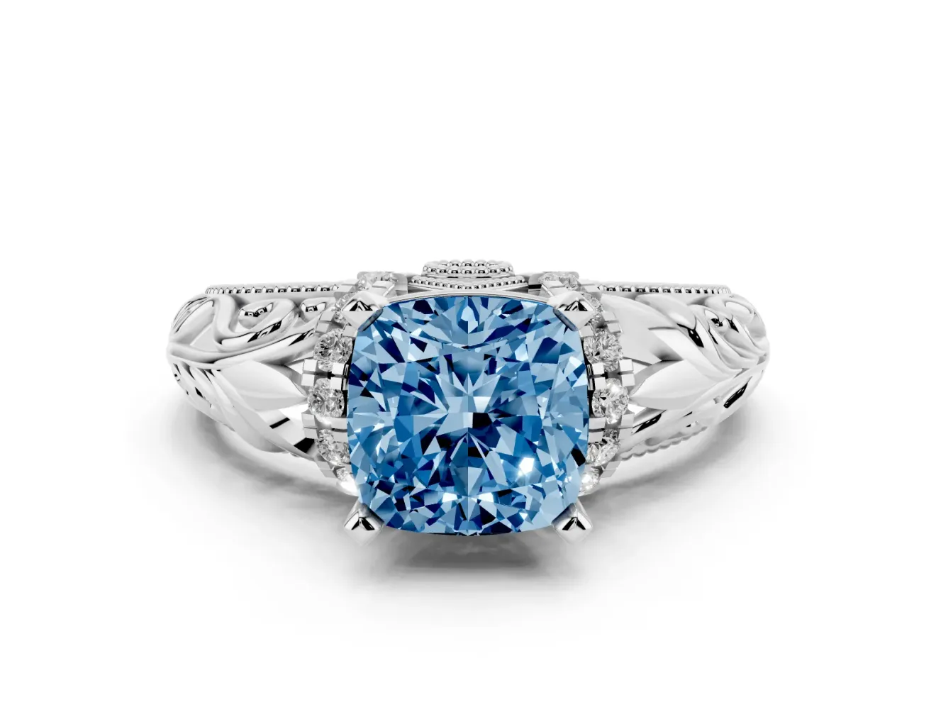 Fancy Blue Cushion Cut Diamond Filigree Halo Engagement Ring Set in Silver with Prong Setting