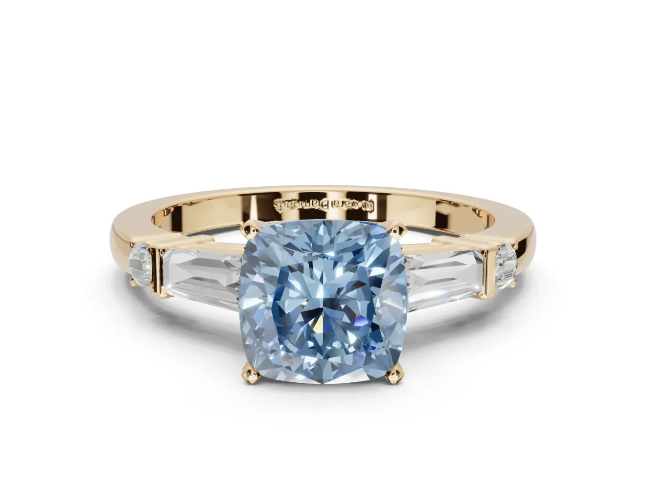 Cushion Cut Tapered Baguette Engagement Ring Setting for a Fancy Blue Lab-Grown Diamond | Bar Set Sides | Yellow Gold