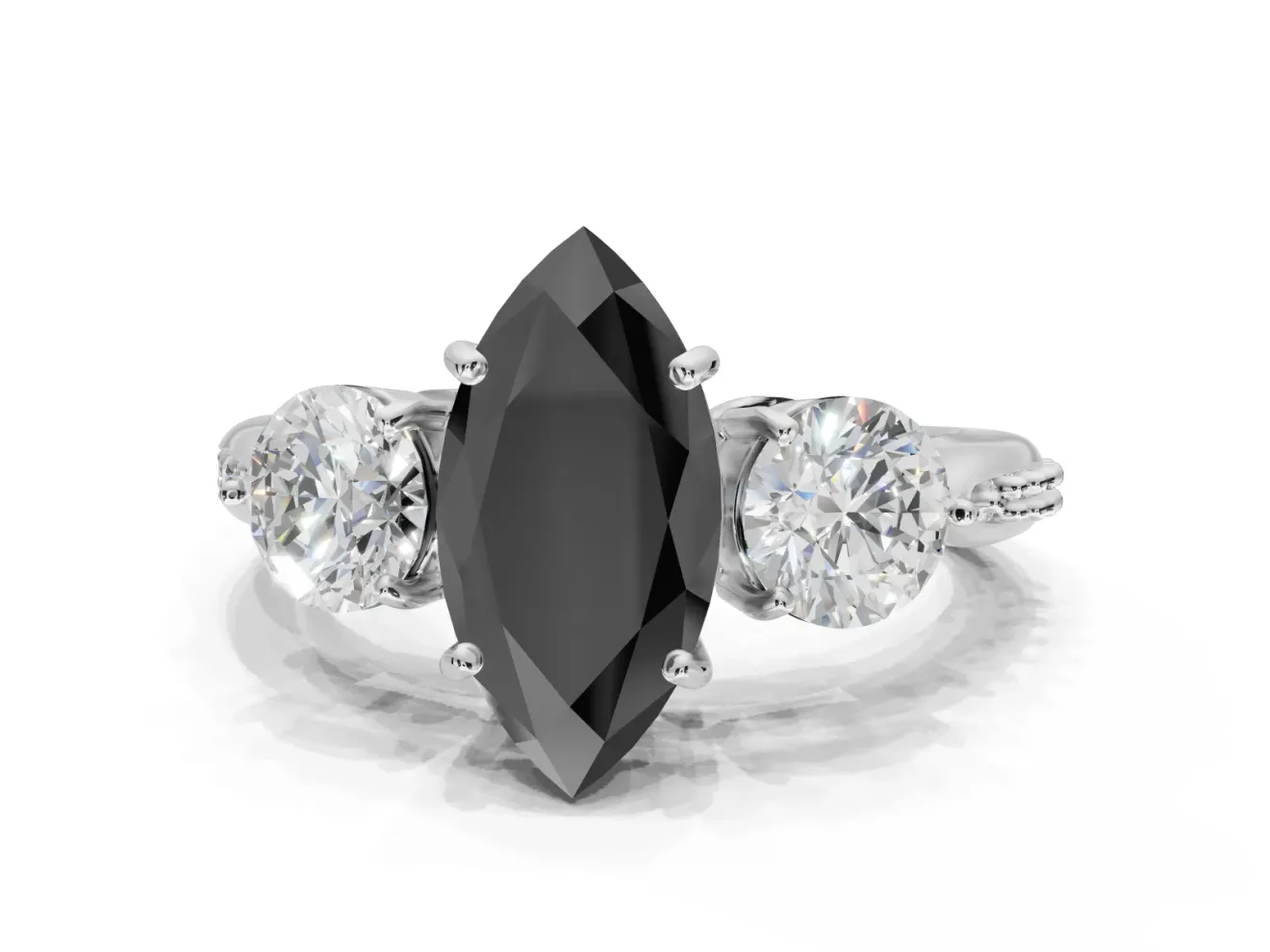 Fancy Black Marquise Lab-Grown Diamond Three-Stone Ring Set in Sterling Silver with Channel-Set Band and Prong Setting