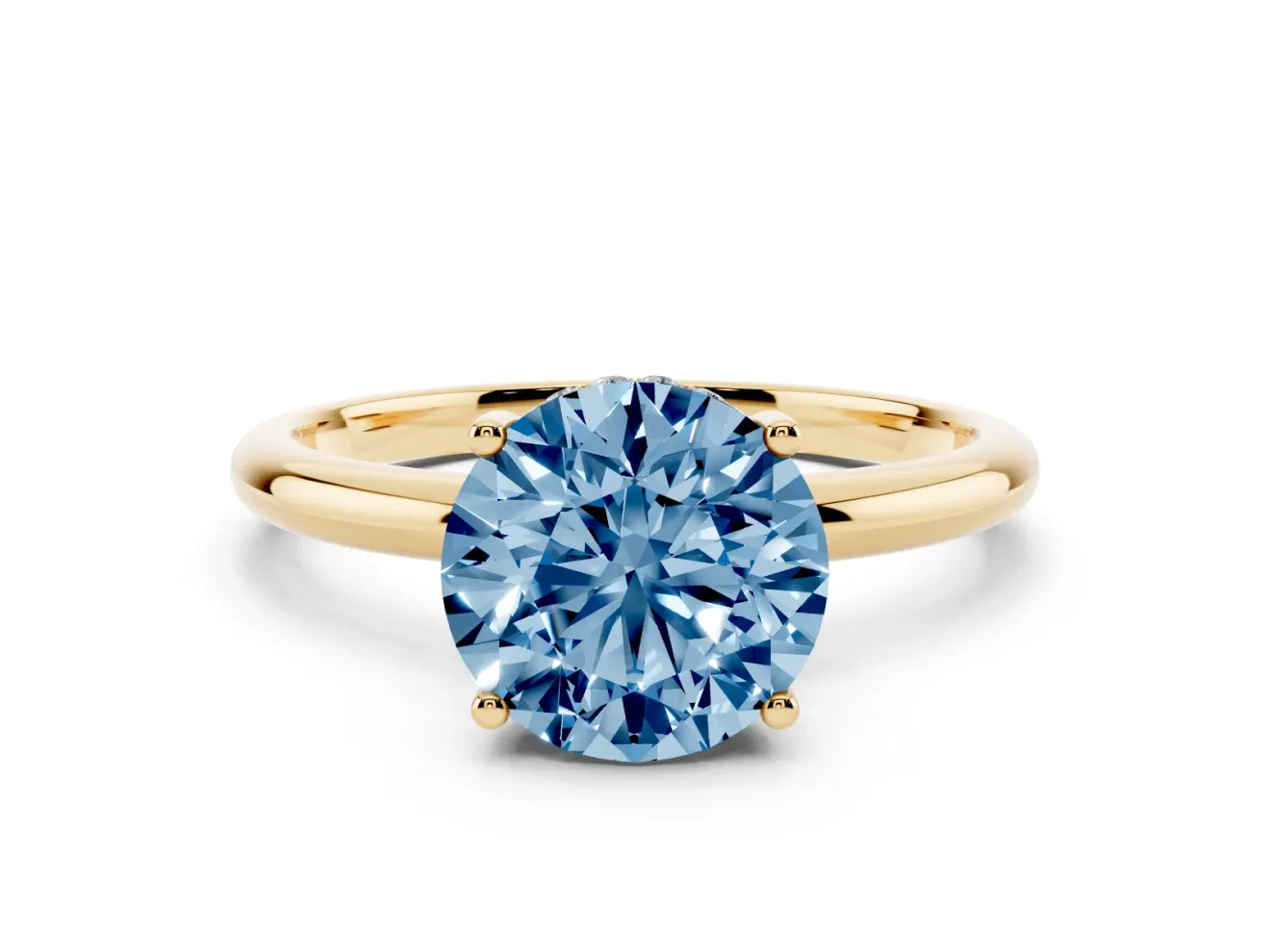 Round Micro-Prong Hidden Halo Engagement Ring Setting for a Fancy Blue Lab-Grown Diamond | Plain Band | Yellow Gold