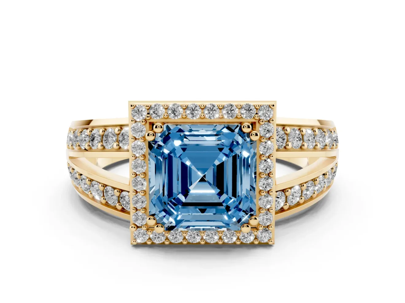 Asscher Cut Halo Engagement Ring Setting for a Fancy Blue Lab-Grown Diamond | Two-Row Pave Split Shank | Yellow Gold