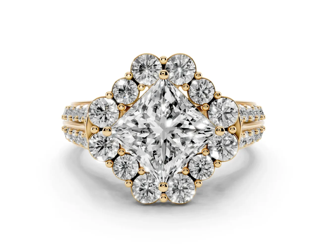 Princess Cut Large Accent Halo Engagement Ring Setting | Graduated Pavé | Yellow Gold