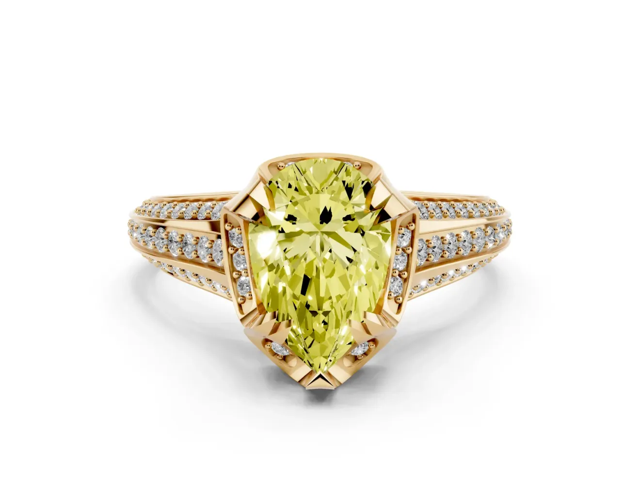 Fancy Yellow Pear Cut Diamond Pavé Split Shank Solitaire Ring Set in Yellow gold with Prong Setting