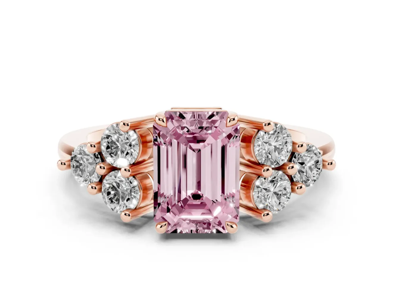 Emerald Cut Cluster Side Stone Engagement Ring Setting for a Fancy Pink Lab-Grown Diamond | Plain Band | Rose Gold