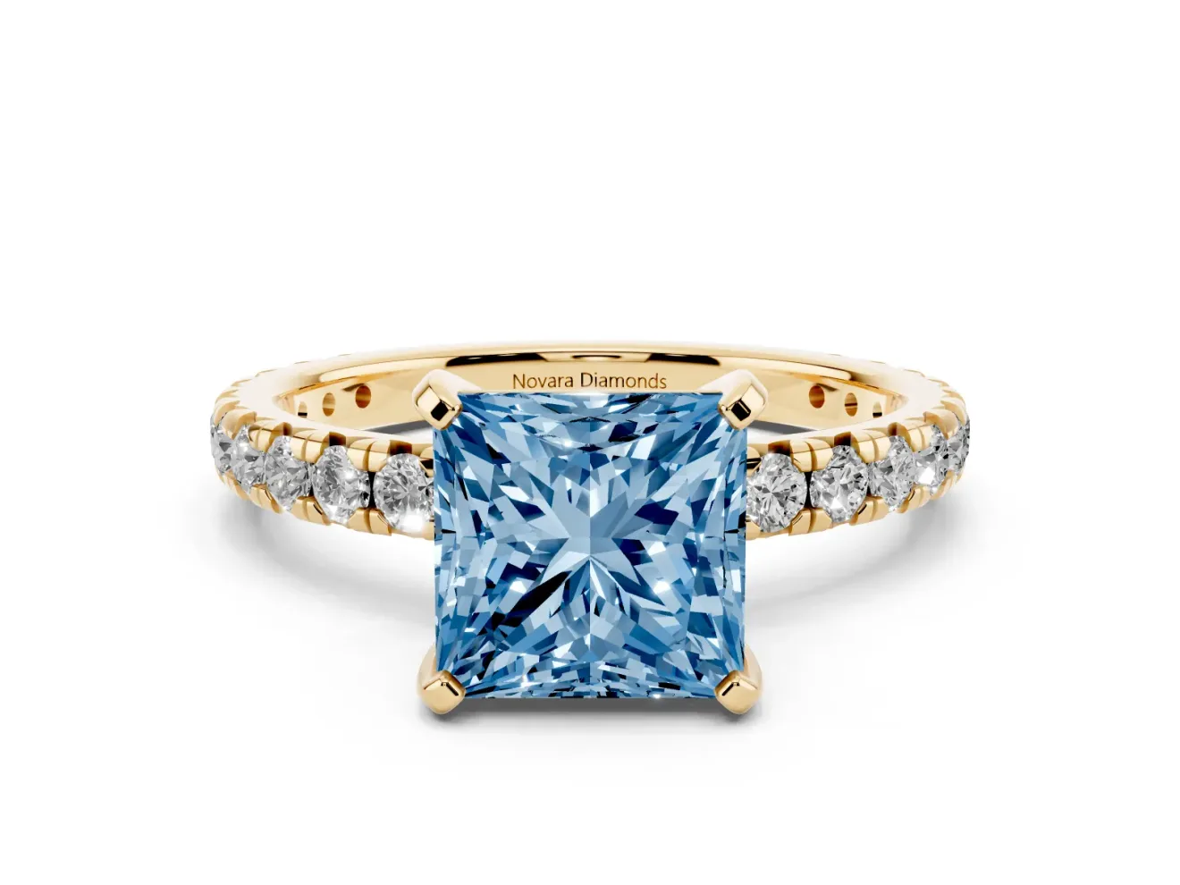 Princess Cut Pavé Solitaire Engagement Ring Setting for a Fancy Blue Lab-Grown Diamond | Shared Prong Band | Yellow Gold