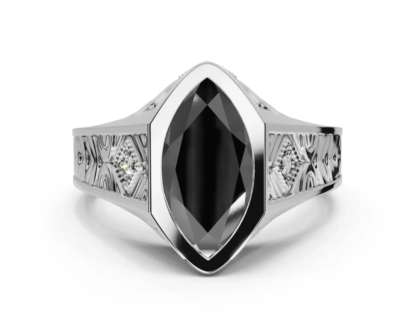 Marquise Vintage Bezel Engagement Ring Setting for a Black Center | Engraved Band | Sterling Silver