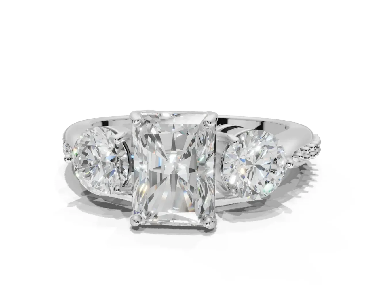 Radiant Cut Three Stone Engagement Ring Setting | Tapered Pave Band | White Gold