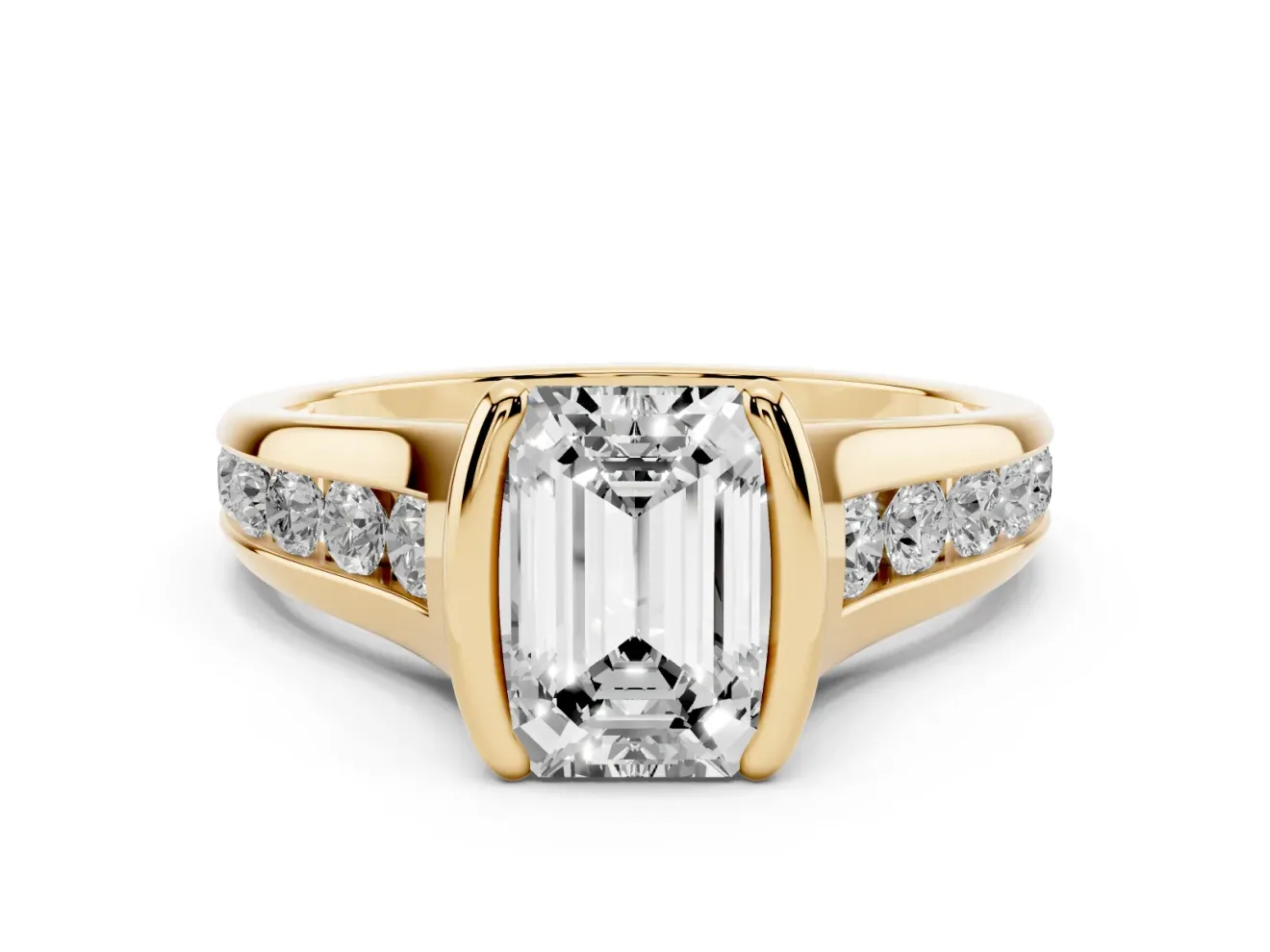 Emerald Cut Half Bezel Solitaire Engagement Ring Setting | Graduated Channel Band | Yellow Gold
