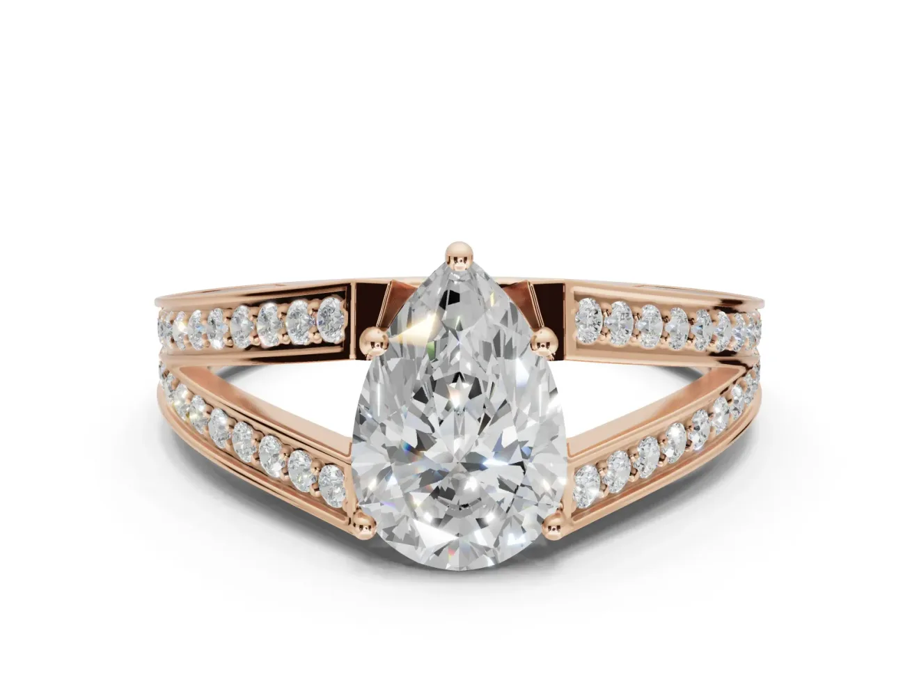Pear-Shaped Split Shank Pavé Engagement Ring Setting | Engraved Leaf Sides | Rose Gold