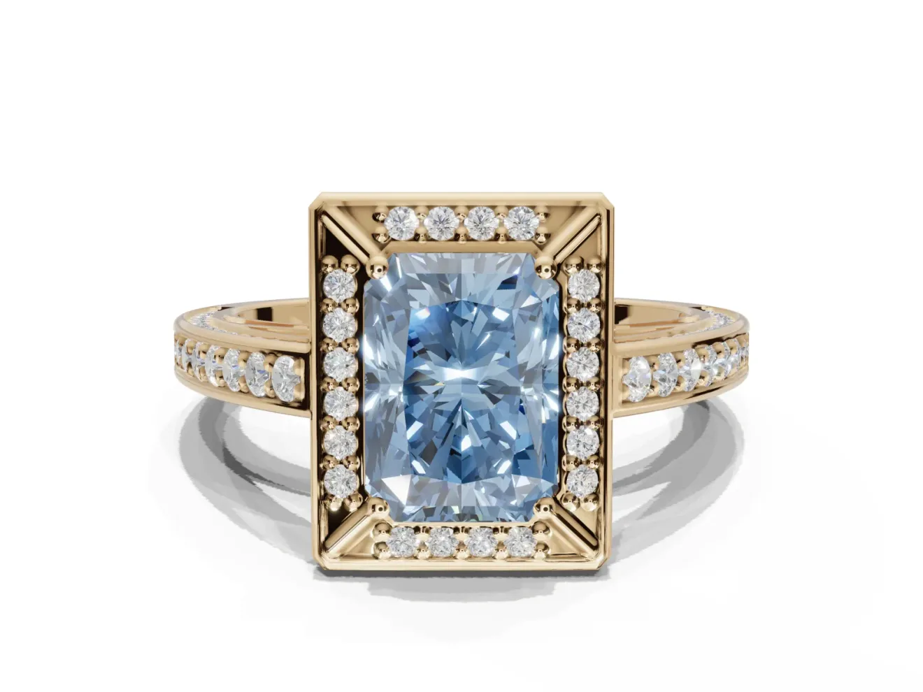 Radiant Cut Sectioned Halo Engagement Ring Setting for a Fancy Blue Lab-Grown Diamond | Yellow Gold