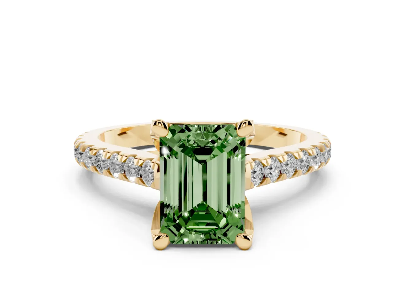 Emerald Cut Hidden Halo Pave Engagement Ring Setting for a Fancy Green Lab-Grown Diamond | Claw Prongs | Yellow Gold