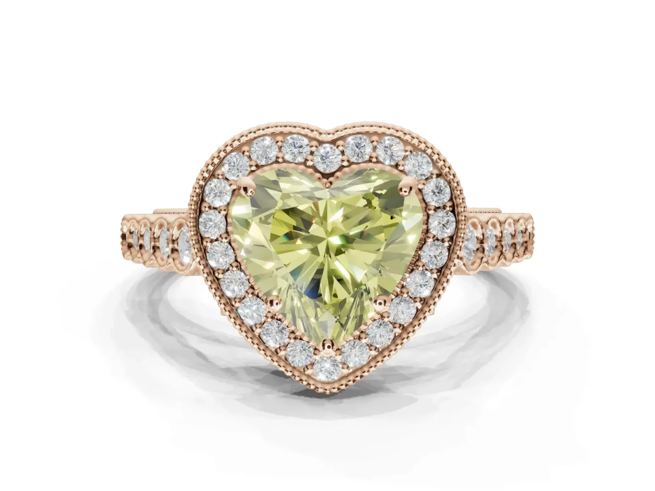 Canary Yellow Heart-Shaped Lab-Grown Diamond Milgrain Halo Solitaire Ring Set in Rose Gold with Bezel Set Side Stones and Pavé Band