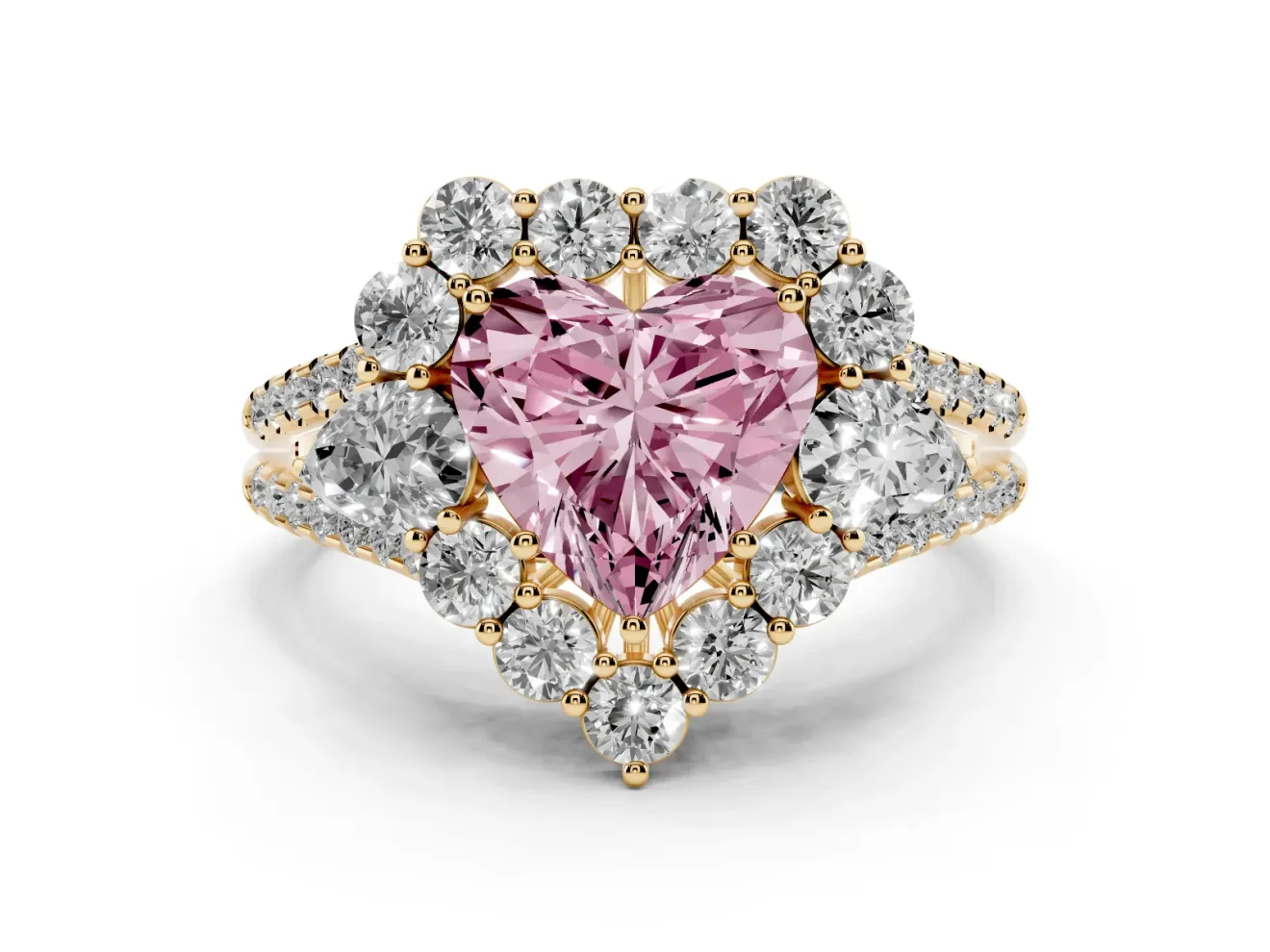Heart-Shaped Scalloped Halo Engagement Ring Setting for a Fancy Pink Lab-Grown Diamond | Pear Side Stones | Yellow Gold
