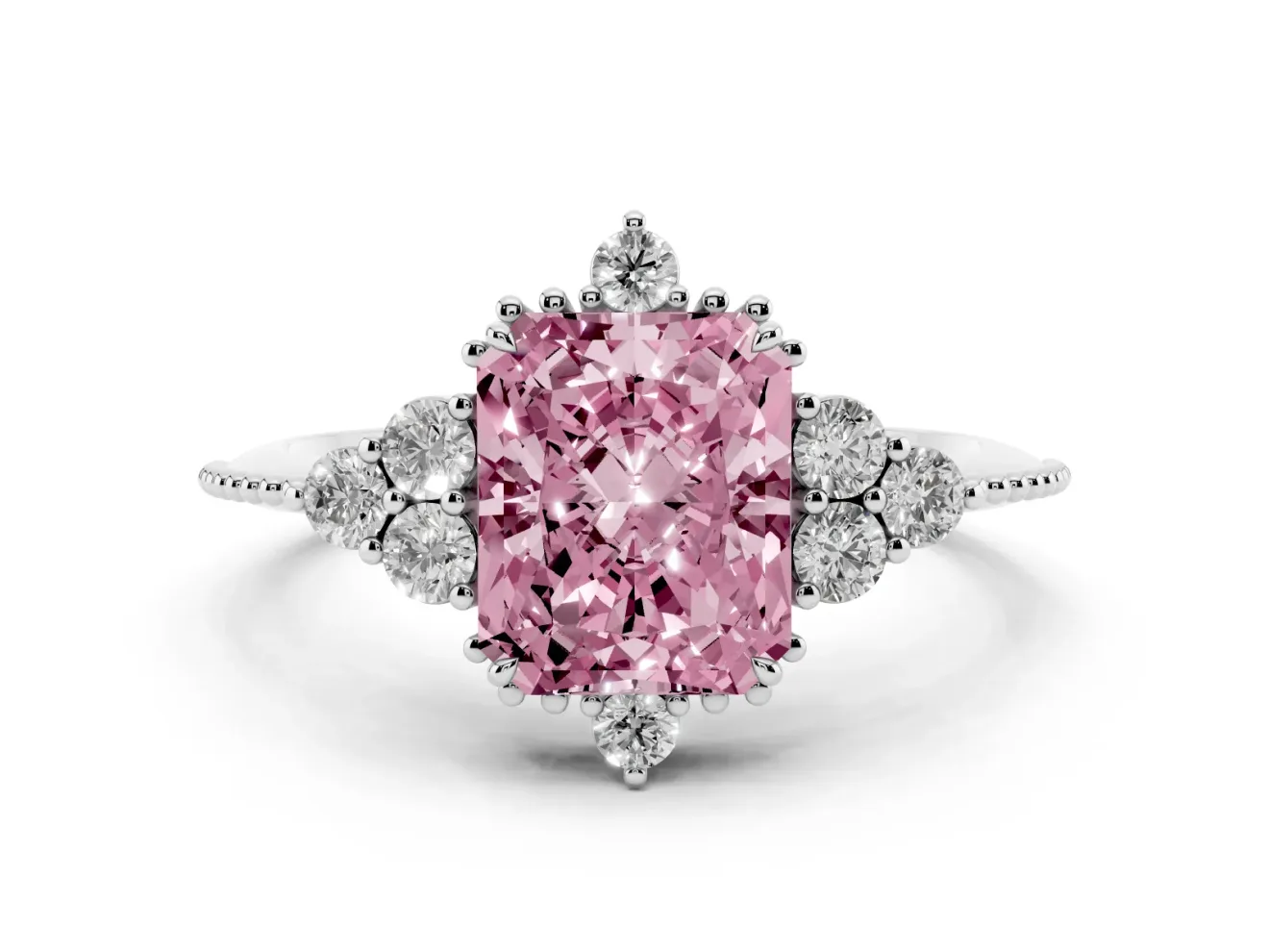 Fancy Pink Radiant Cut Diamond Cluster Ring Set in Silver with Beaded Band