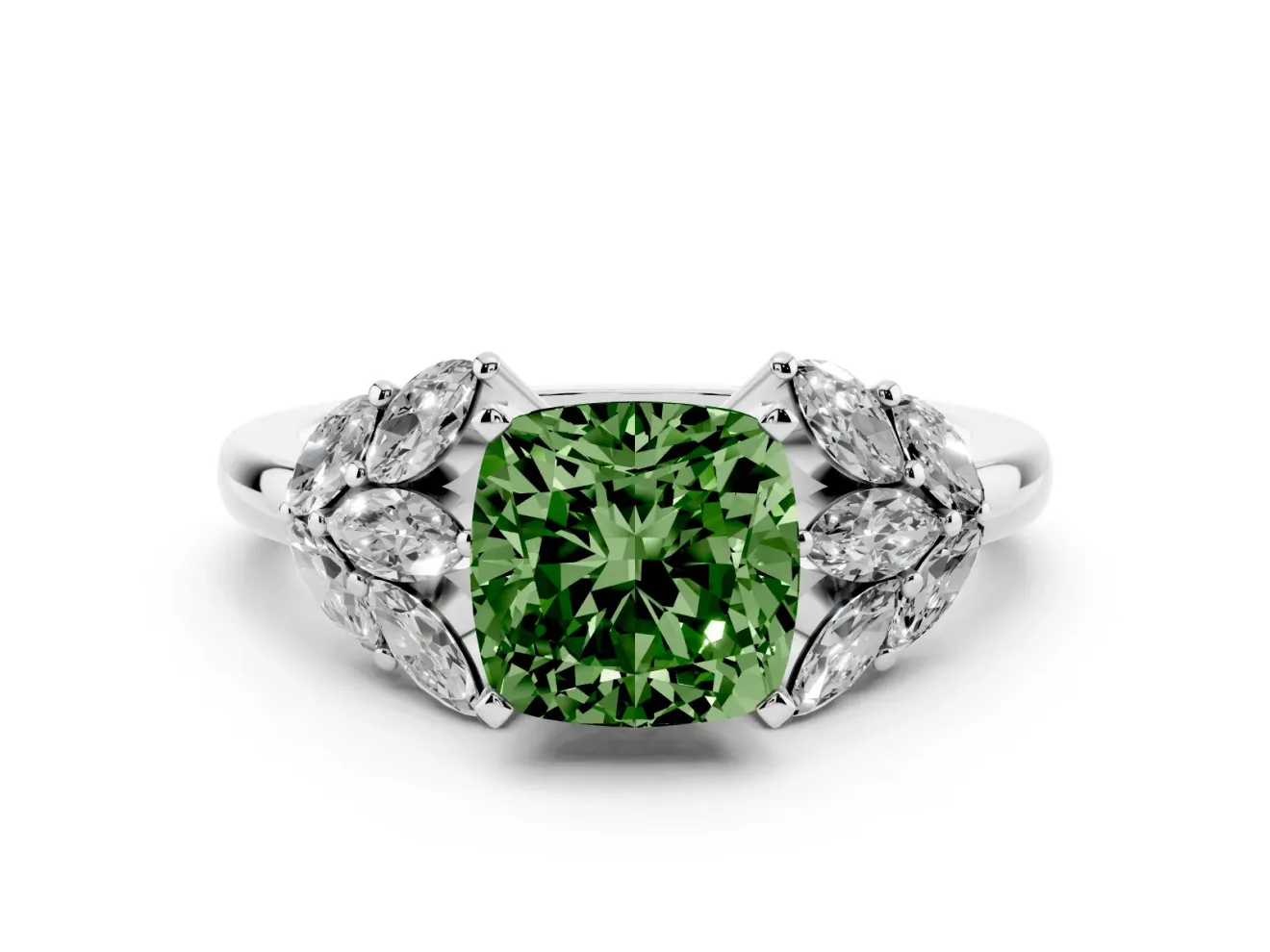 Fancy Green Cushion Cut Diamond Cluster Leaf Design Ring Set in Platinum with Prong Setting