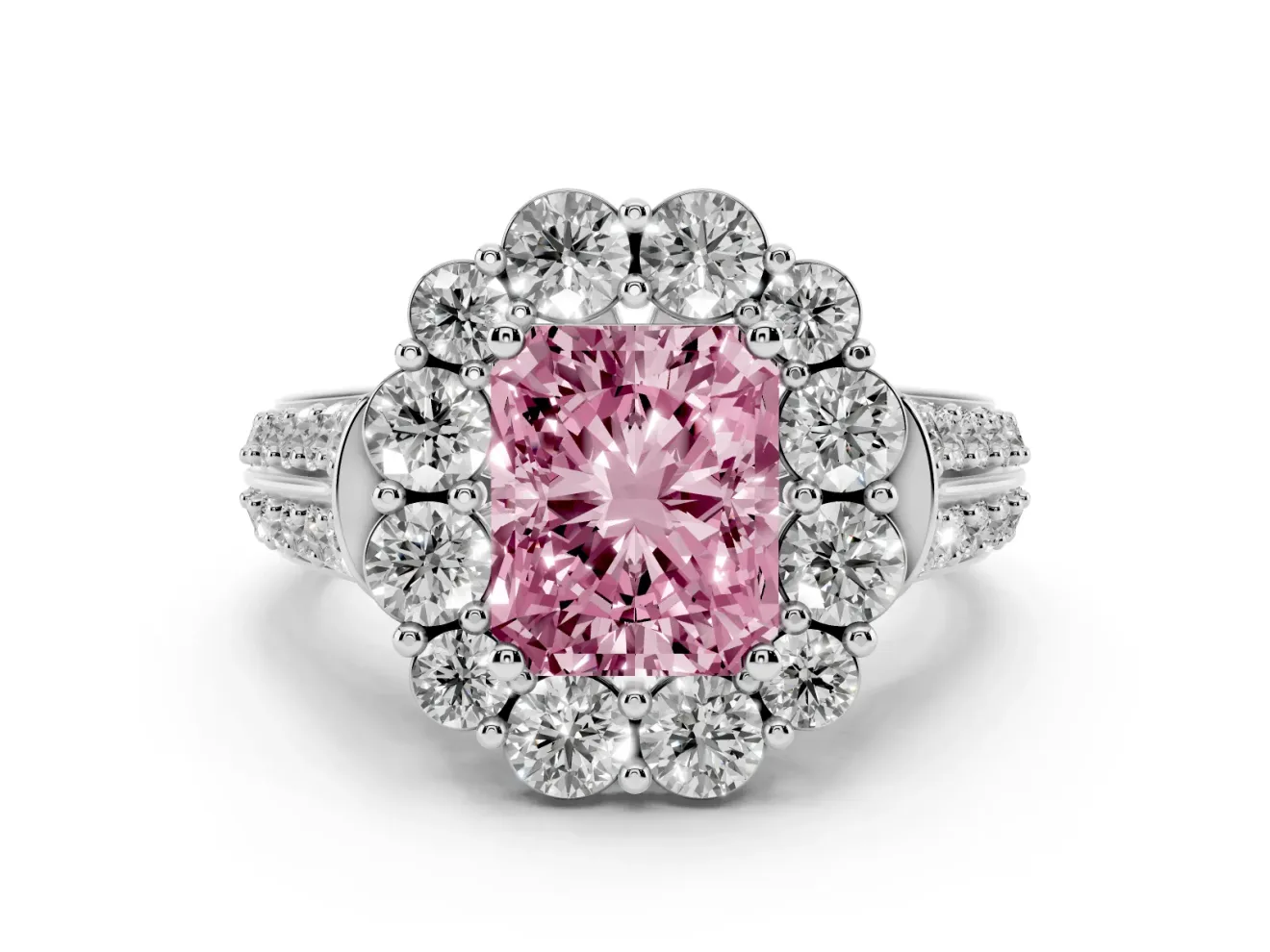 Fancy Pink Radiant Cut Diamond Halo Engagement Ring Set in White gold with Split Shank and Prong Setting