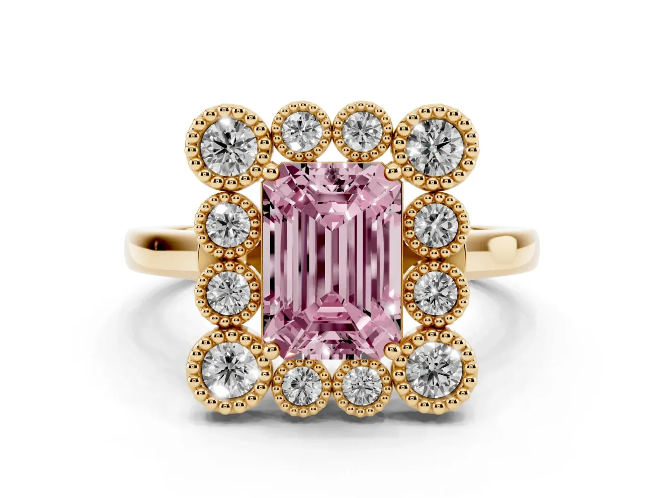 Emerald Cut Milgrain Cluster Halo Engagement Ring Setting for a Fancy Pink Lab-Grown Diamond | Plain Band | Yellow Gold