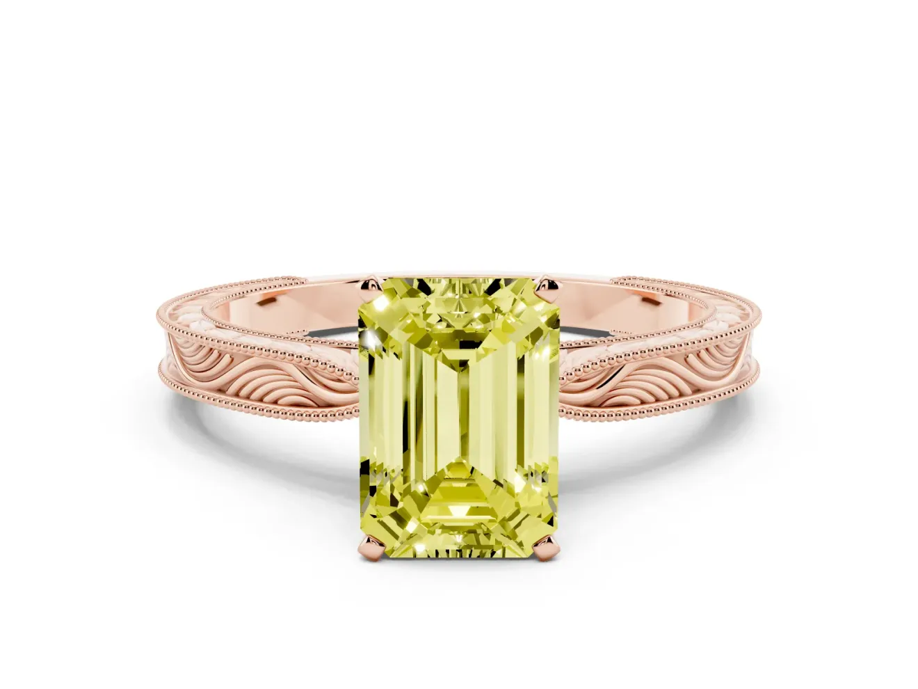 Fancy Yellow Emerald Cut Diamond Solitaire Milgrain Engraved Band Set in Rose gold with Prong Setting