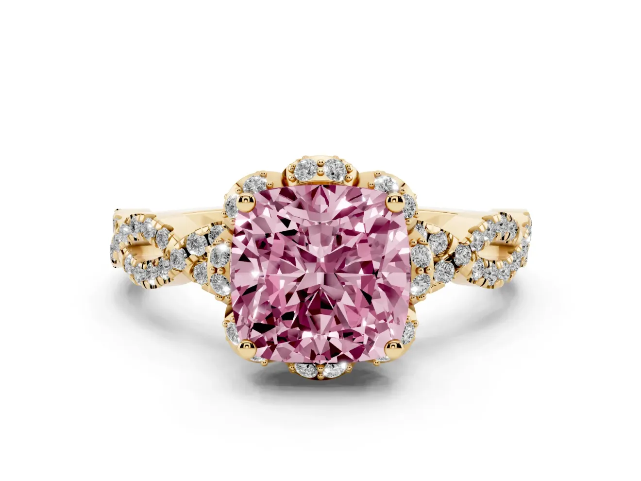 Cushion Cut Milgrain Halo Engagement Ring Setting for a Fancy Pink Lab-Grown Diamond | Graduated Shoulders | Yellow Gold