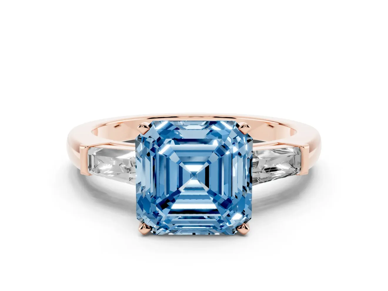 Fancy Blue Asscher Cut Diamond Solitaire Ring Set in Rose gold with Tapered Baguette Side Stones and Prong Setting