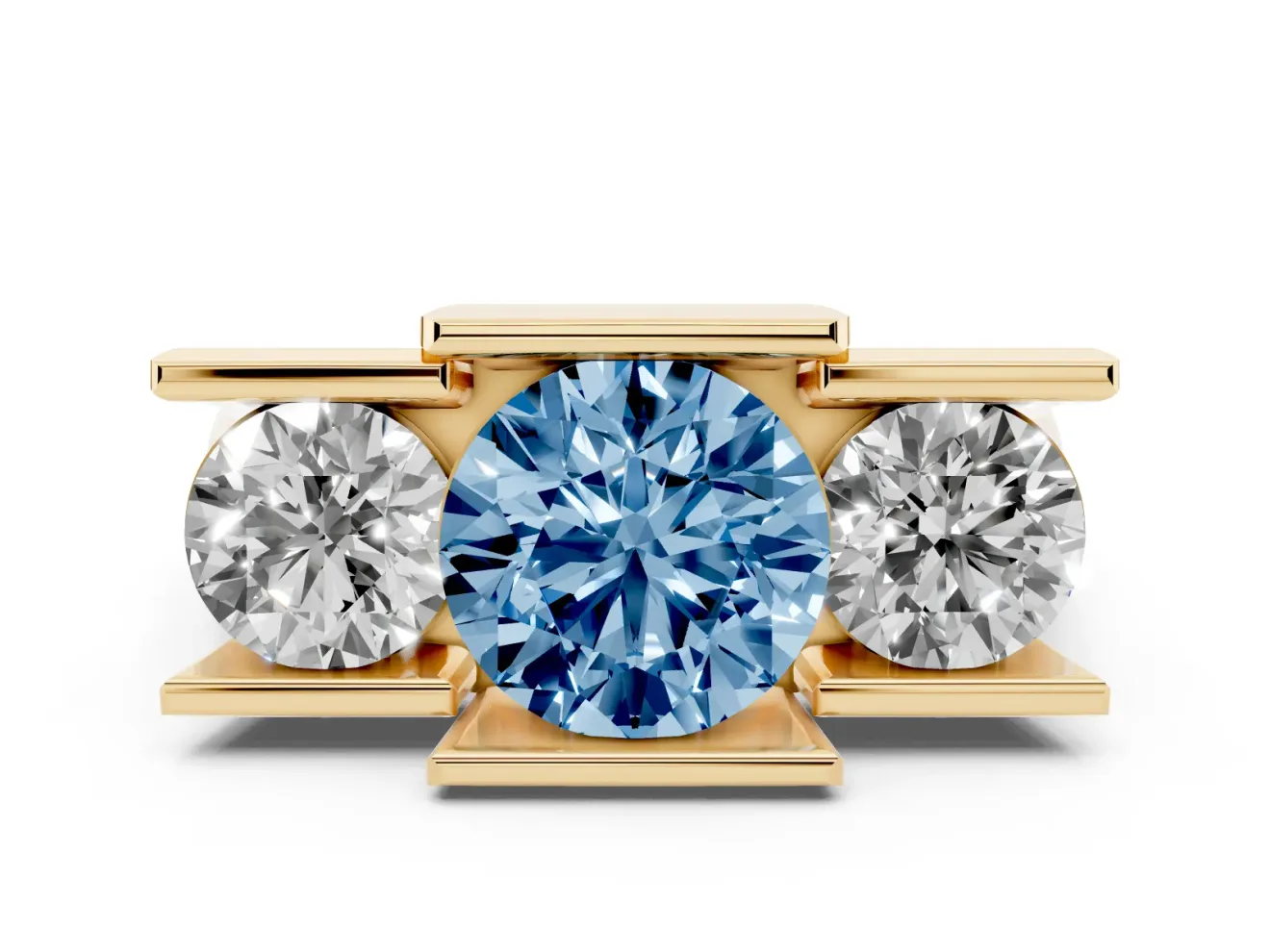Round Channel-Set Three Stone Engagement Ring Setting for a Fancy Blue Lab-Grown Diamond | Wide Flat Band | Yellow Gold