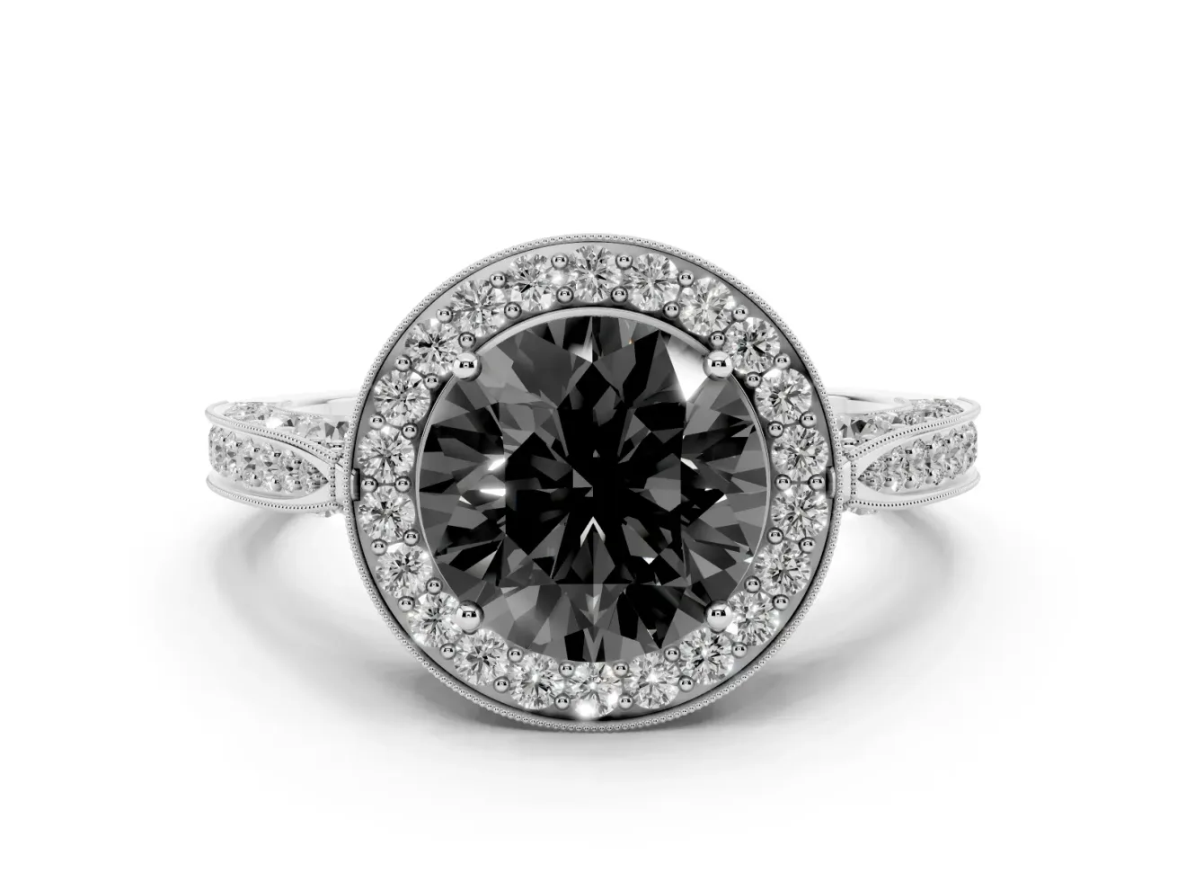 Round Milgrain Halo Engagement Ring Setting for a Black Center | Side Stones | Sterling Silver