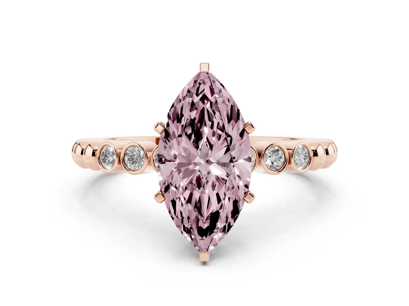 Fancy Pink Marquise Cut Diamond Solitaire Engagement Ring Set in Rose gold with Bezel Accents on Beaded Band
