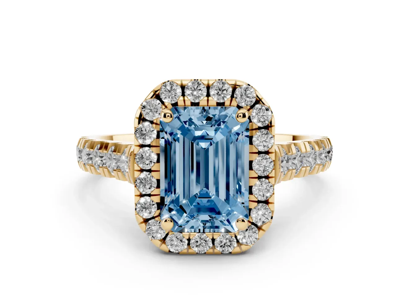 Emerald Cut Accented Halo Engagement Ring Setting for a Fancy Blue Lab-Grown Diamond | Yellow Gold