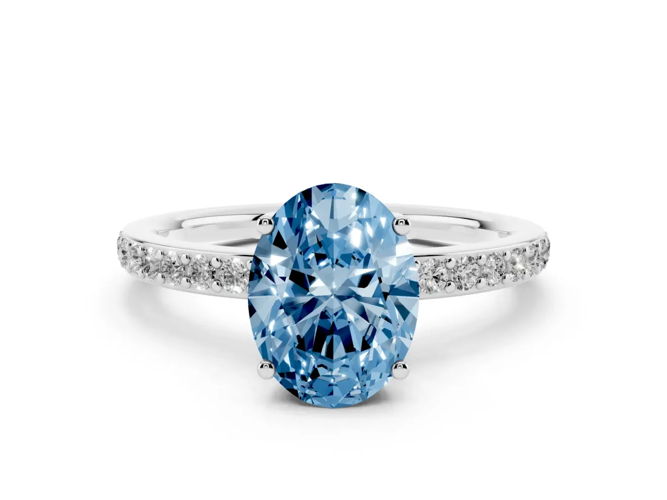 Fancy Blue Oval Cut Diamond Pavé Band Ring Set in White gold with Prong-Set Center Stone