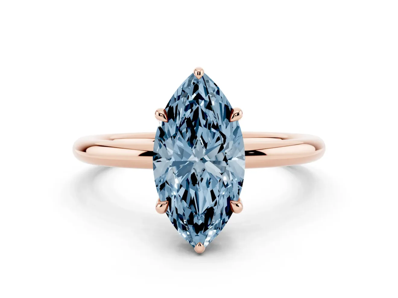 Fancy Blue Marquise Cut Diamond Solitaire Ring Set in Rose gold with Thin Band and Prong Setting
