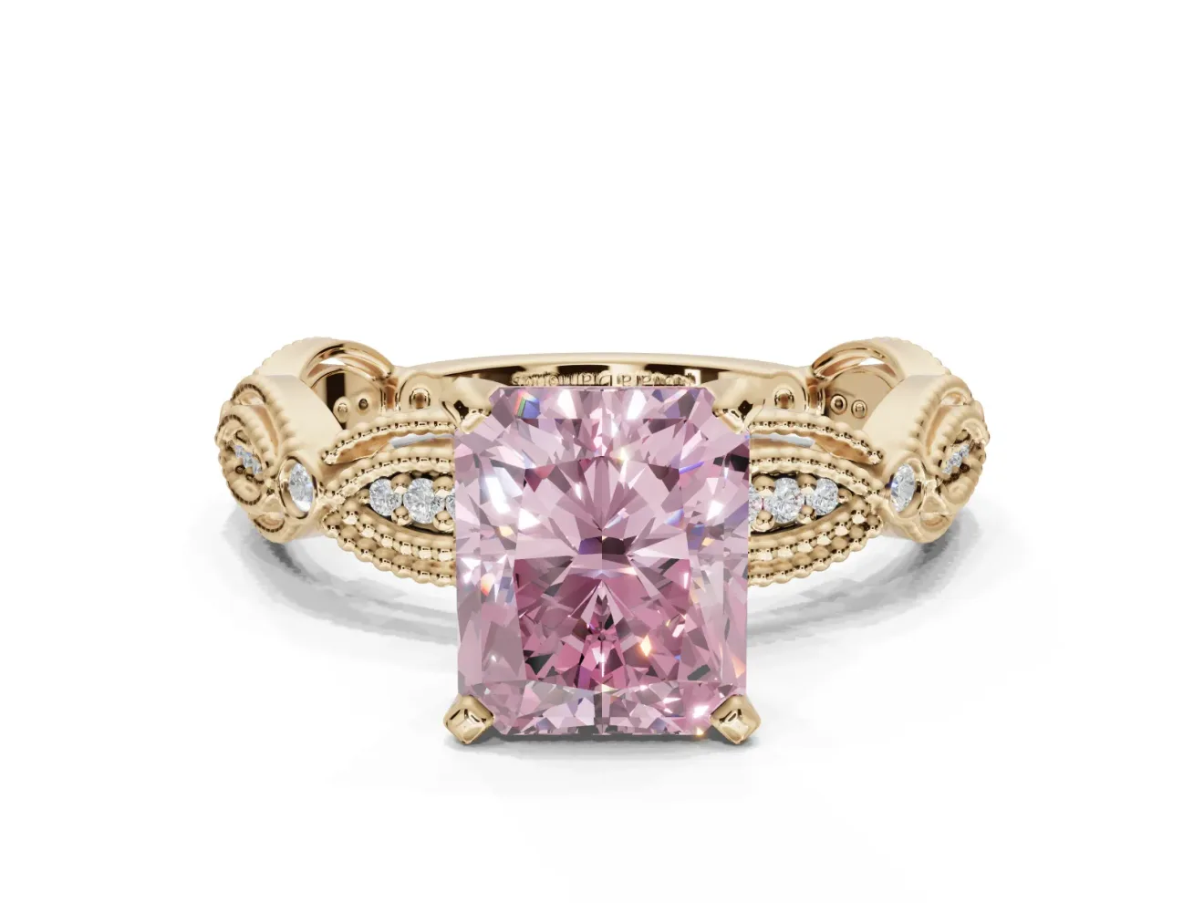 Radiant Cut Vintage Engagement Ring Setting for a Fancy Pink Lab-Grown Diamond | Graduated Stations | Yellow Gold
