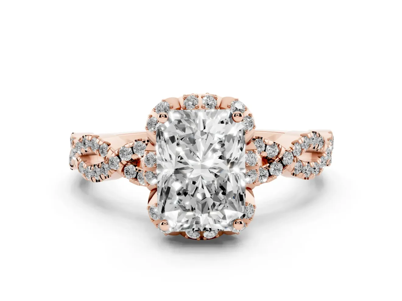 Radiant Cut Milgrain Halo Engagement Ring Setting | Graduated Shoulders | Rose Gold