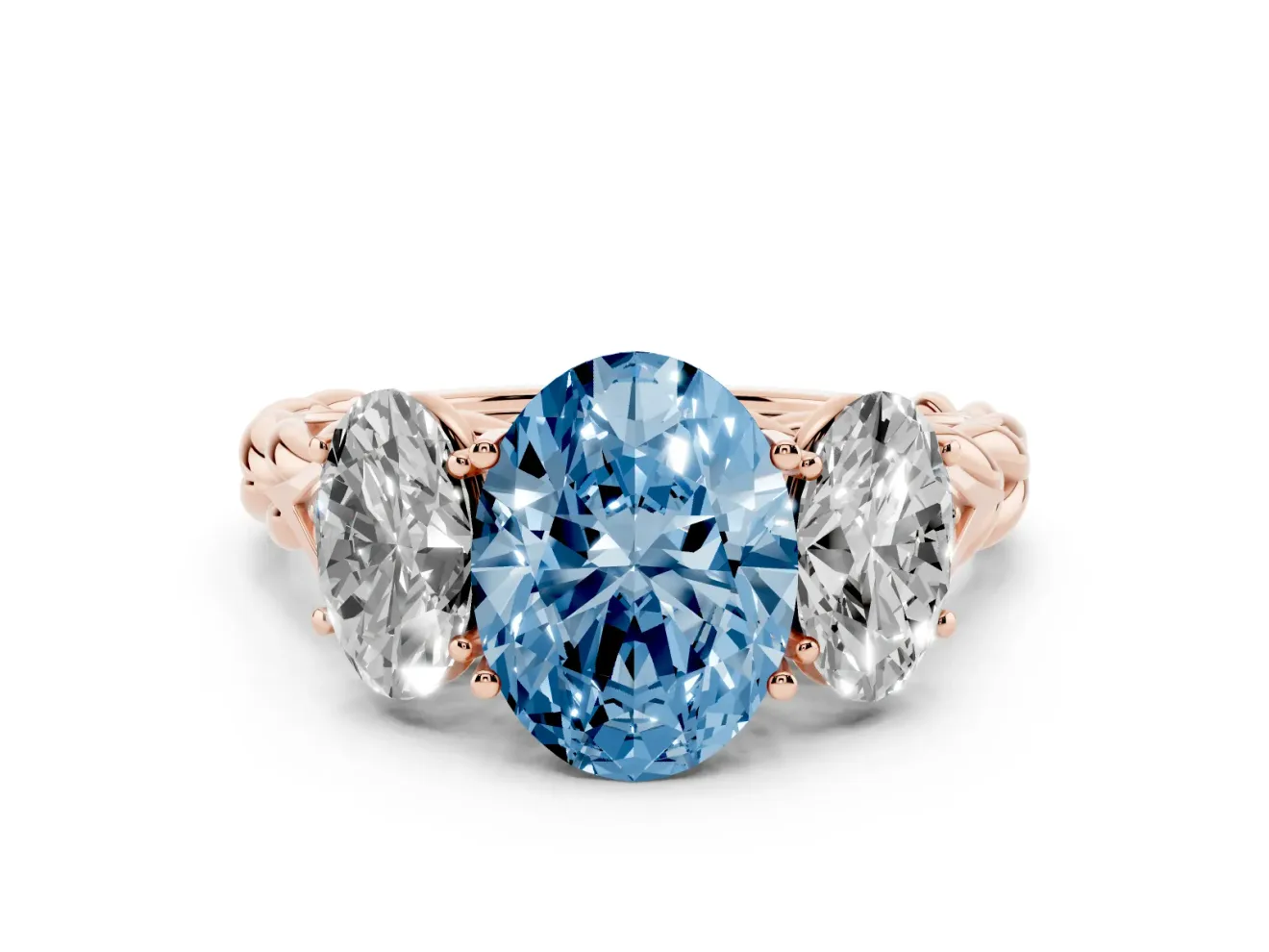 Fancy Blue Oval Cut Diamond Three-Stone Ring Set in Rose gold with Braided Band