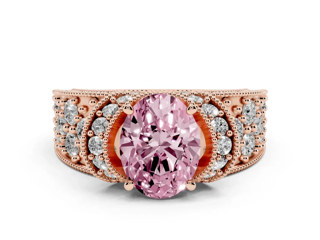 Oval Vintage Milgrain Pave Engagement Ring Setting for a Fancy Pink Lab-Grown Diamond | Crescent Side Rows | Rose Gold