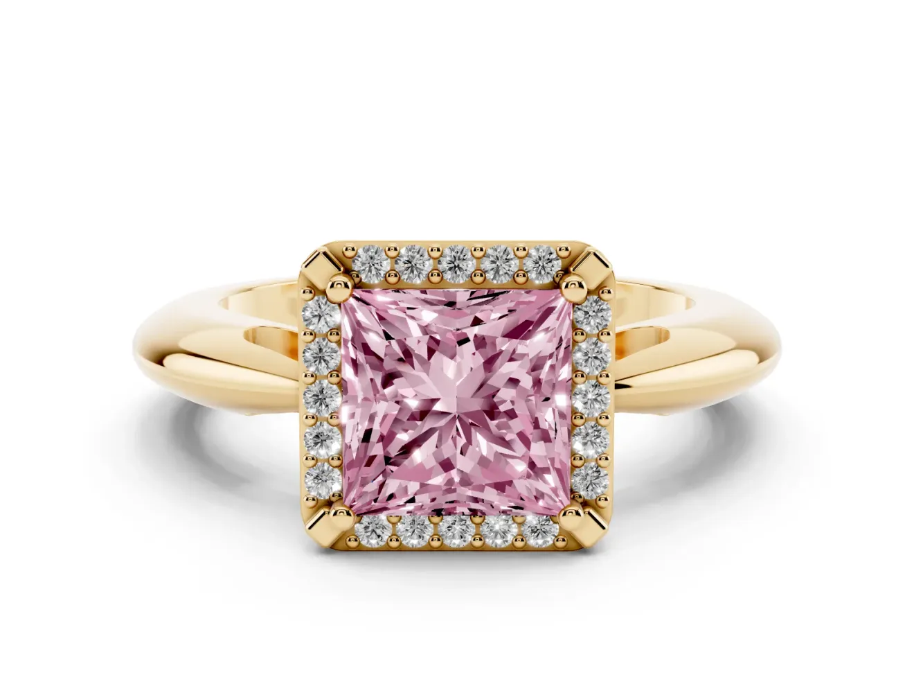 Fancy Pink Princess Cut Diamond Halo Engagement Ring Set in Yellow gold with Plain Split Shank and Prong Setting
