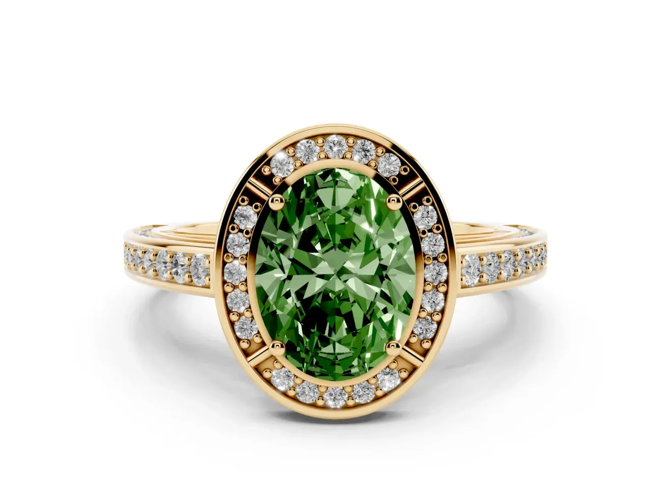 Oval Sectioned Halo Engagement Ring Setting for a Fancy Green Lab-Grown Diamond | Yellow Gold