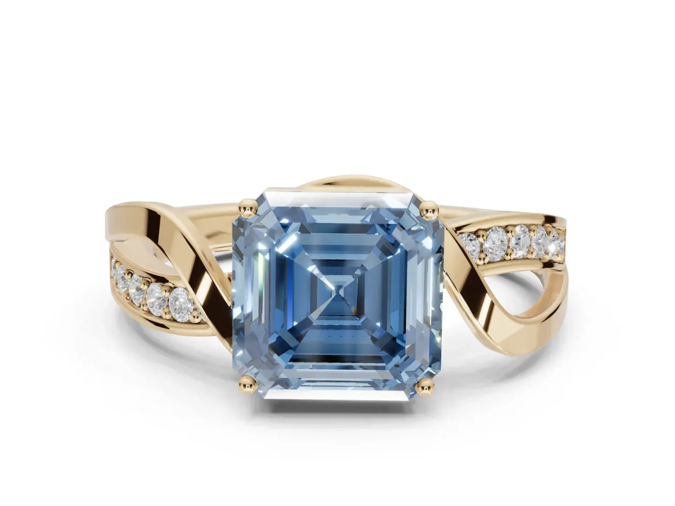 Asscher Cut Bypass Solitaire Engagement Ring Setting for a Fancy Blue Lab-Grown Diamond | Pavé Strands | Yellow Gold