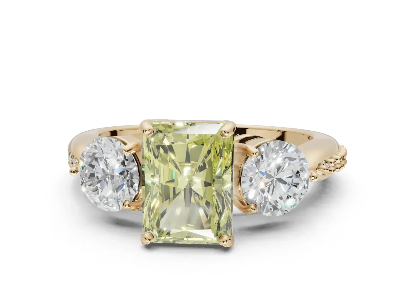 Radiant Cut Three Stone Engagement Ring Setting for a Fancy Yellow Lab-Grown Diamond | Tapered Pave Band | Yellow Gold