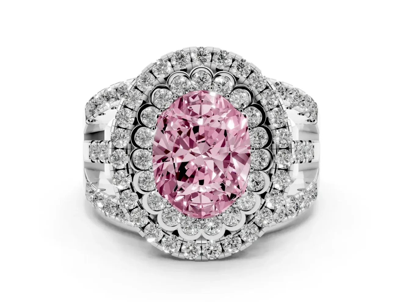 Oval Double Halo Split Shank Engagement Ring Setting for a Fancy Pink Lab-Grown Diamond | Pave Strands | Sterling Silver