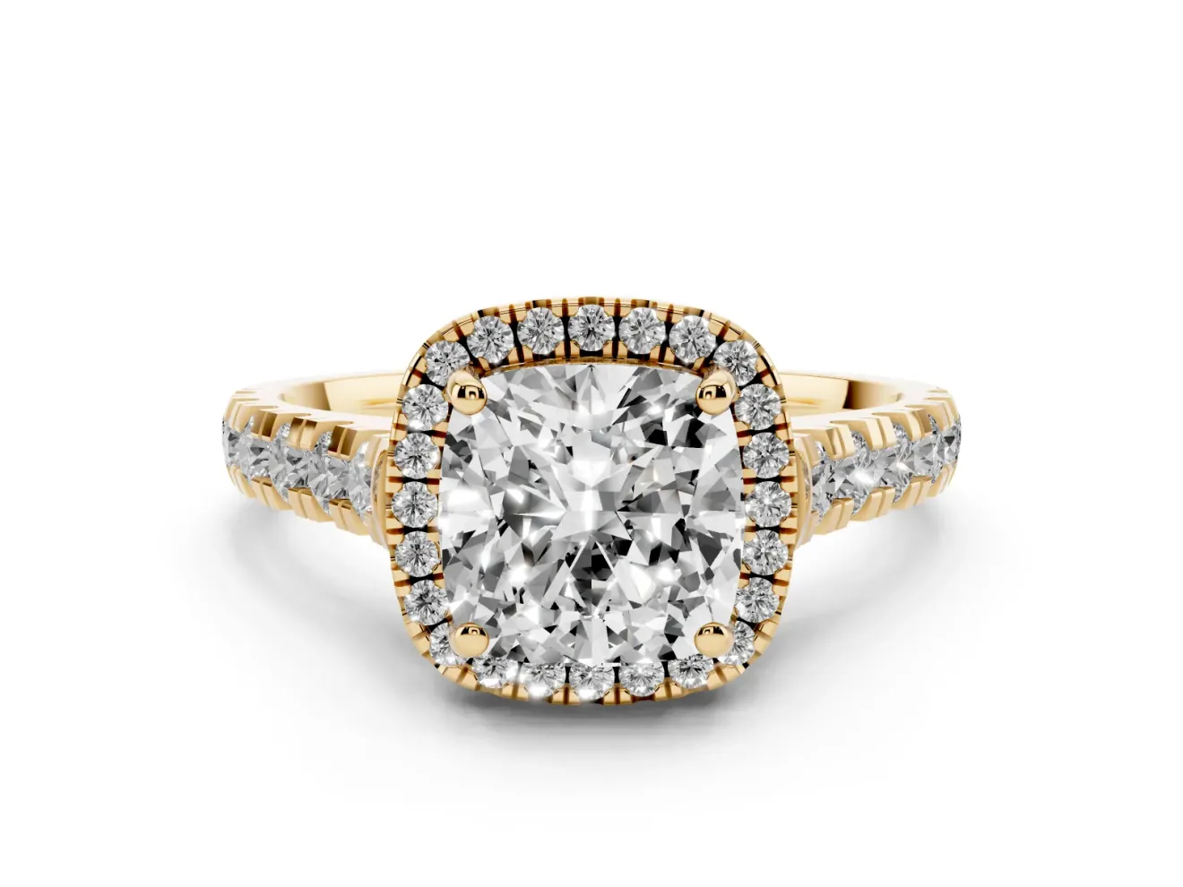 Cushion Cut Halo Engagement Ring Setting | Shared Prong Shoulders | Yellow Gold